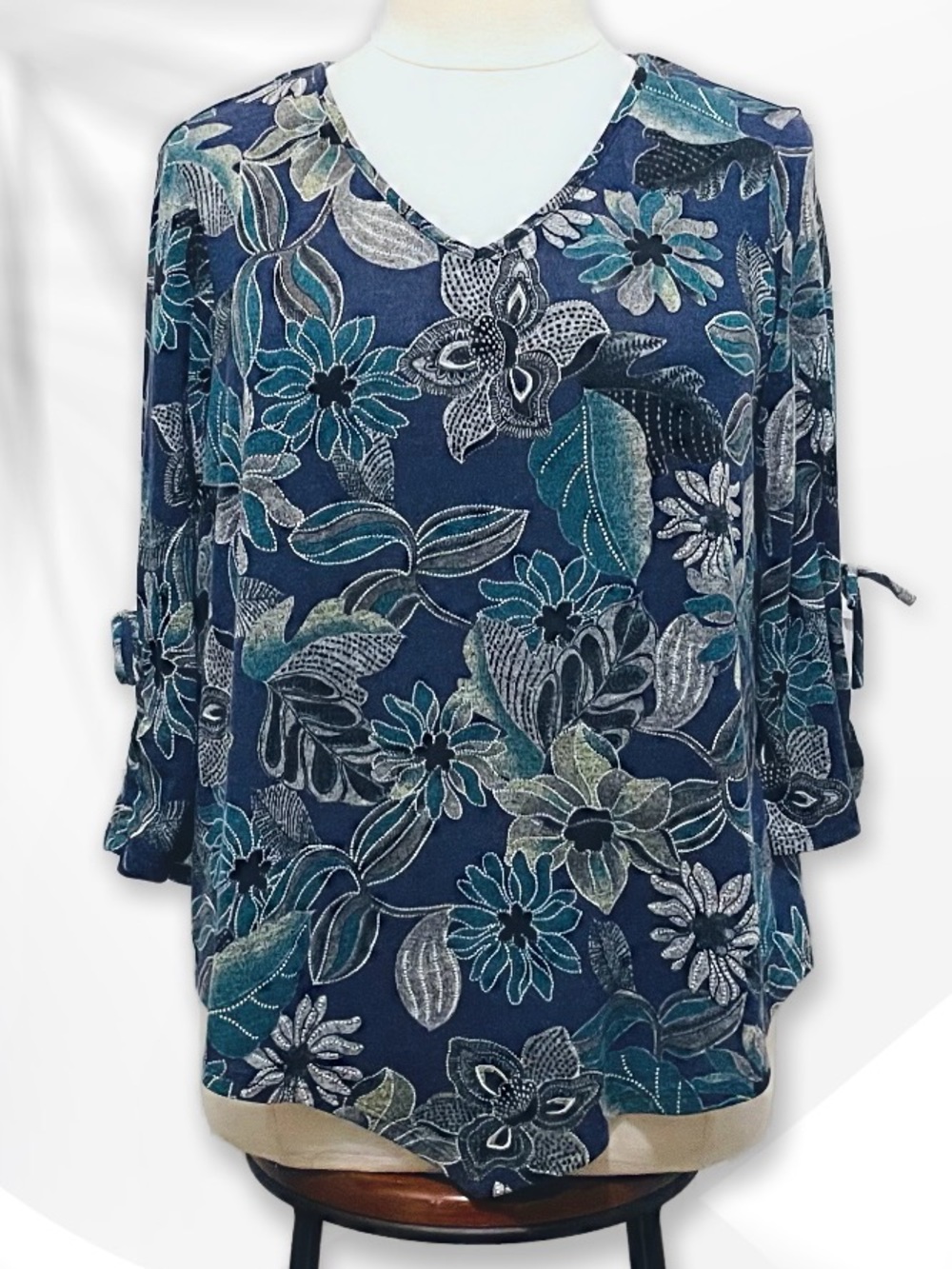 Alfred Dunner Navy Floral V-Neck Knit Top sz 1X